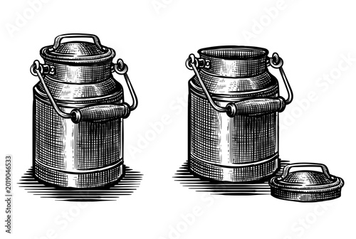 Vintage milk can, metal dairy container with open lid. Vector illustration in sketch style isolated on white. Ideal for farm products, and branding dairy, packaging craft or eco food