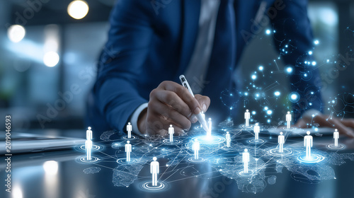 Executive planning business network strategy with virtual AI interface Description Executive planning business network strategy with a virtual AI interface, workforce management, d