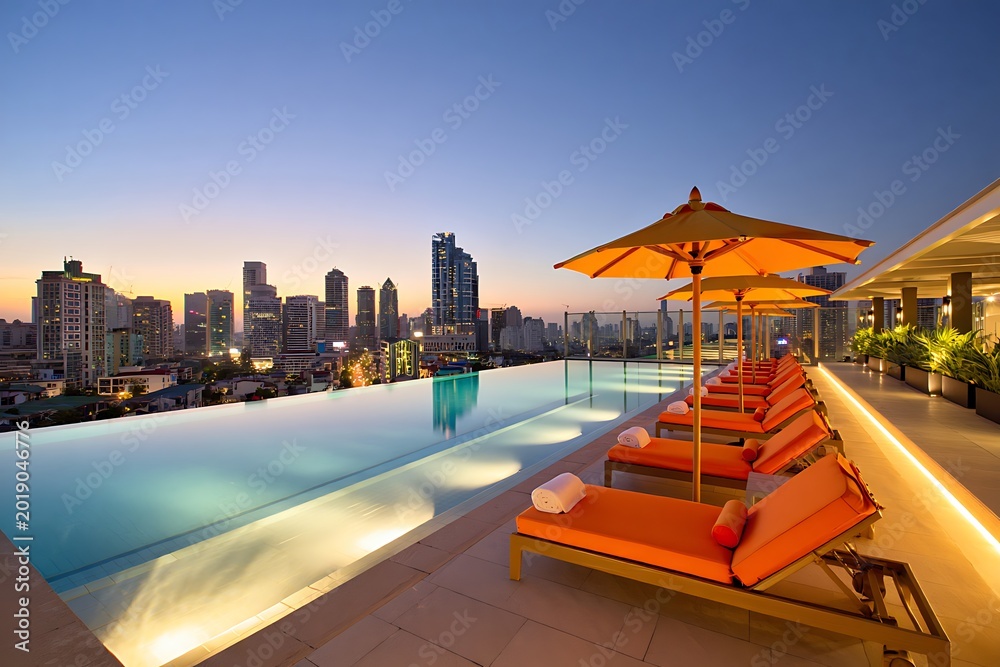 Fototapeta premium Rooftop infinity pool with orange lounge chairs and umbrellas overlooking city skyline at sunset