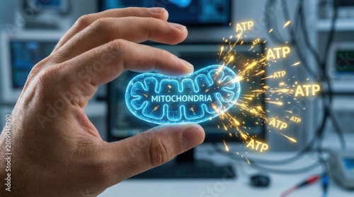 Hand holding 3d rendered mitochondria with atp energy particles on digital screen