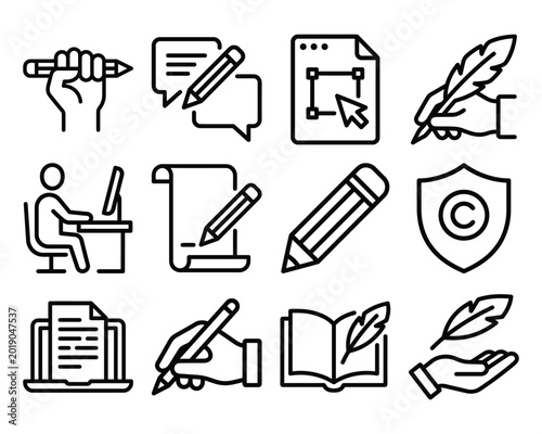Billede på lærred Collection of line icons illustrating writing copyright creative process with wr