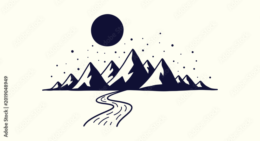 Fototapeta premium Minimalist hand drawn mountain landscape with winding river under sun and stars vector illustration