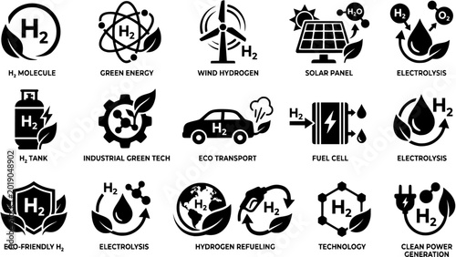 Hydrogen energy logo icon set. eco friendly industry. alternative and green energy symbols black vector icons