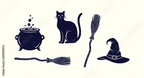 Photos Witch Halloween silhouettes set with cauldron black cat broomsticks and wizard h