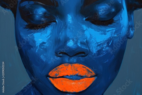 Painting of a woman with orange lips and blue face representing makeup and cosmetics trends