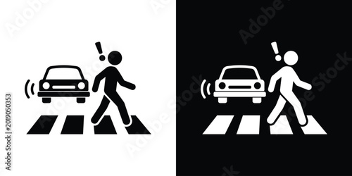 Pedestrian alert icon showing a person crossing the road with a warning exclamation mark as a car approaches. Ideal for road safety, traffic awareness, and urban hazard concepts.