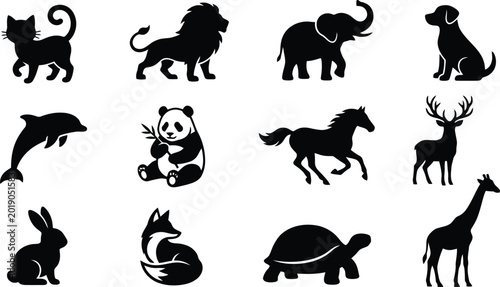 Canvas Print Animal silhouette collection, wild and domestic creatures presented as graphics, transparent background