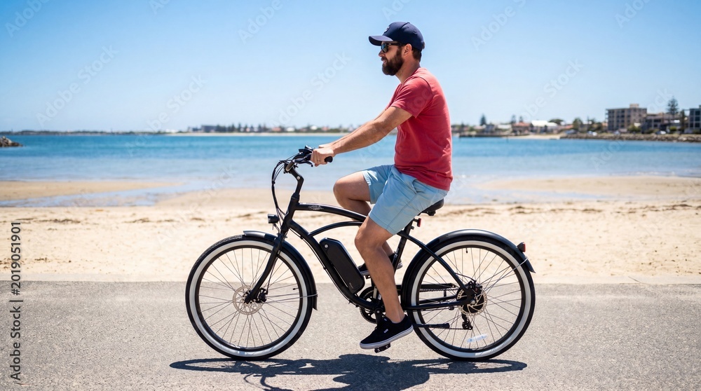 Fototapeta premium A bearded man in casual summer clothing rides an e-bike along a sunny coastal bike path, enjoying a relaxing ride with a beautiful beach view in the background.