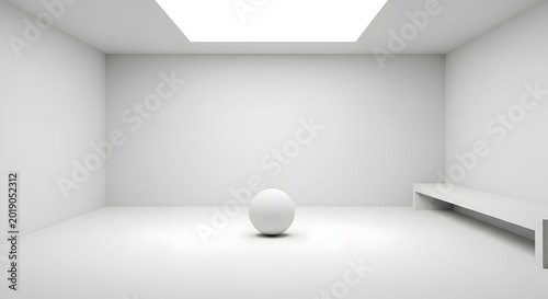 Minimalist white room interior with single sphere and bench modern simple empty space with bright lighting and clean design