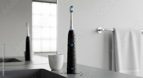 Electric toothbrush on bathroom countertop with white cup and towel in modern clean bathroom with mirror and window