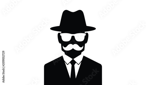 Tableau sur toile Silhouette of a man wearing a fedora sunglasses and mustache against a white bac