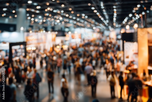 Blurred crowd walking through a busy trade fair exhibition hall with booths and displays, representing international business convention, product showcases, networking, and dynamic event atmosphere.