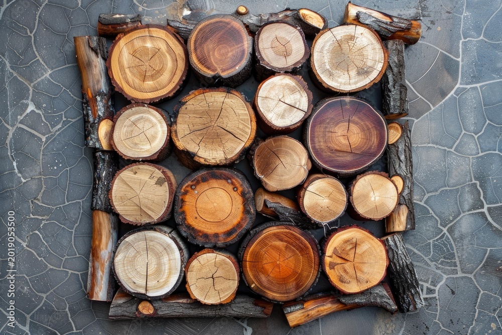 Fototapeta premium Wood logs arranged on a cracked concrete floor, creating a rustic and natural aesthetic