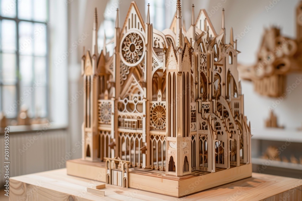Fototapeta premium Laser cut wooden model of a cathedral, showcasing craftsmanship and architectural detail in a bright setting