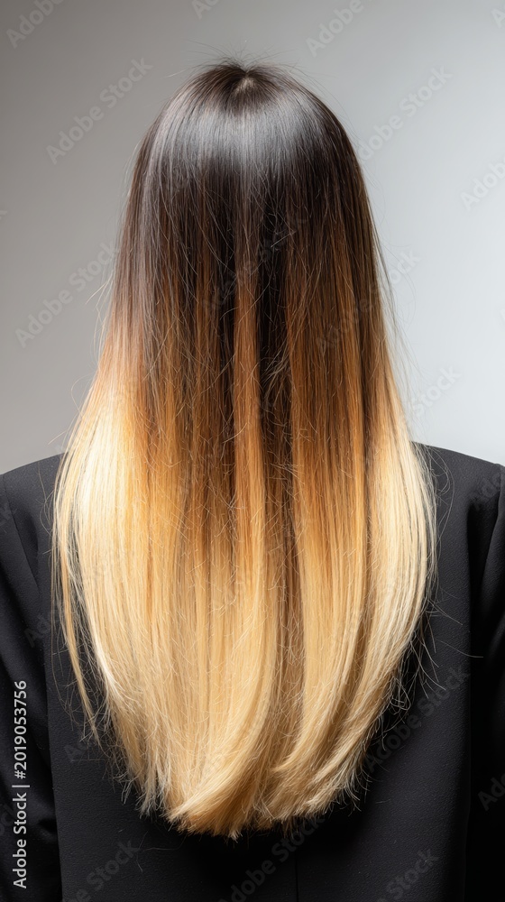 Naklejka premium Woman showing trendy ombre balayage hairstyle from brunette to blonde with long straight hair, creating a modern and stylish hair color look for beauty and fashion concepts