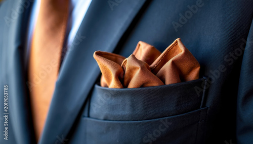 Elegant black suit with orange tie and pocket square, showcasing a stylish ensemble suitable for formal occasions or business events