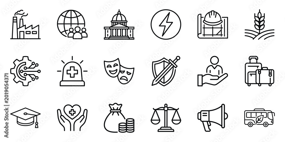 Fototapeta premium Comprehensive set of diverse industry icons representing business education law healthcare and technology sectors