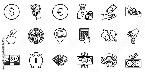 Quadro su tela Finance and money management line icon set with currency banking investment and