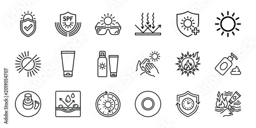 Foto Sun protection and spf skincare line icon set featuring uv radiation shield sung