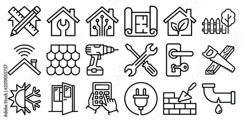 Home renovation repair smart house hand drawn outline vector icon set for construction with do it yourself, renovation