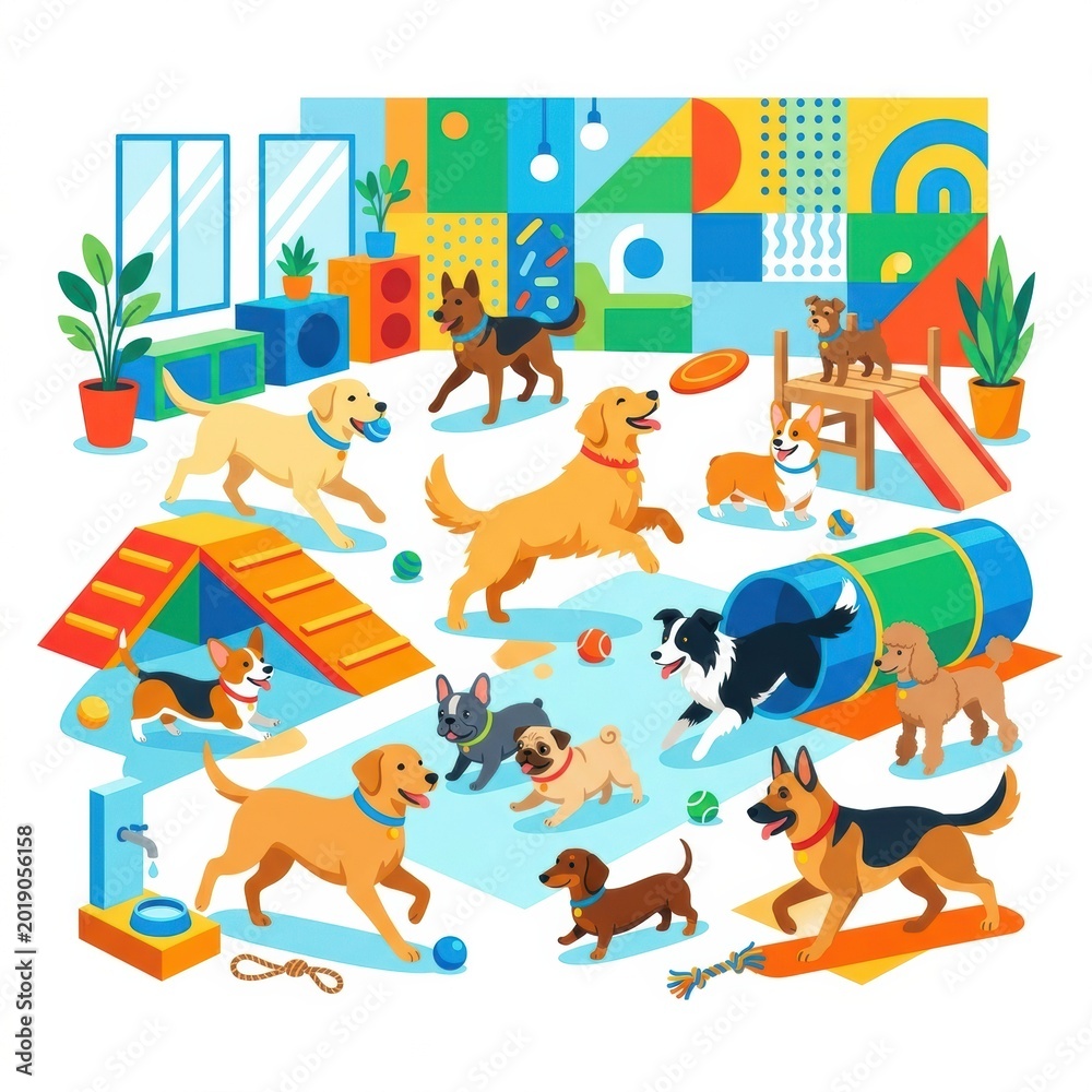 Fototapeta premium Dogs are active in a daycare facility, engaging with various toys, ramps, and tunnels. The space is bright and colorful, fostering fun and play.