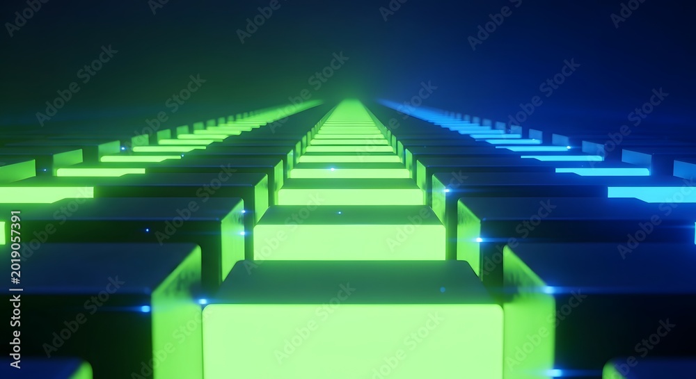 Fototapeta premium Long perspective of glowing green and blue cubes creating a futuristic digital tunnel with abstract