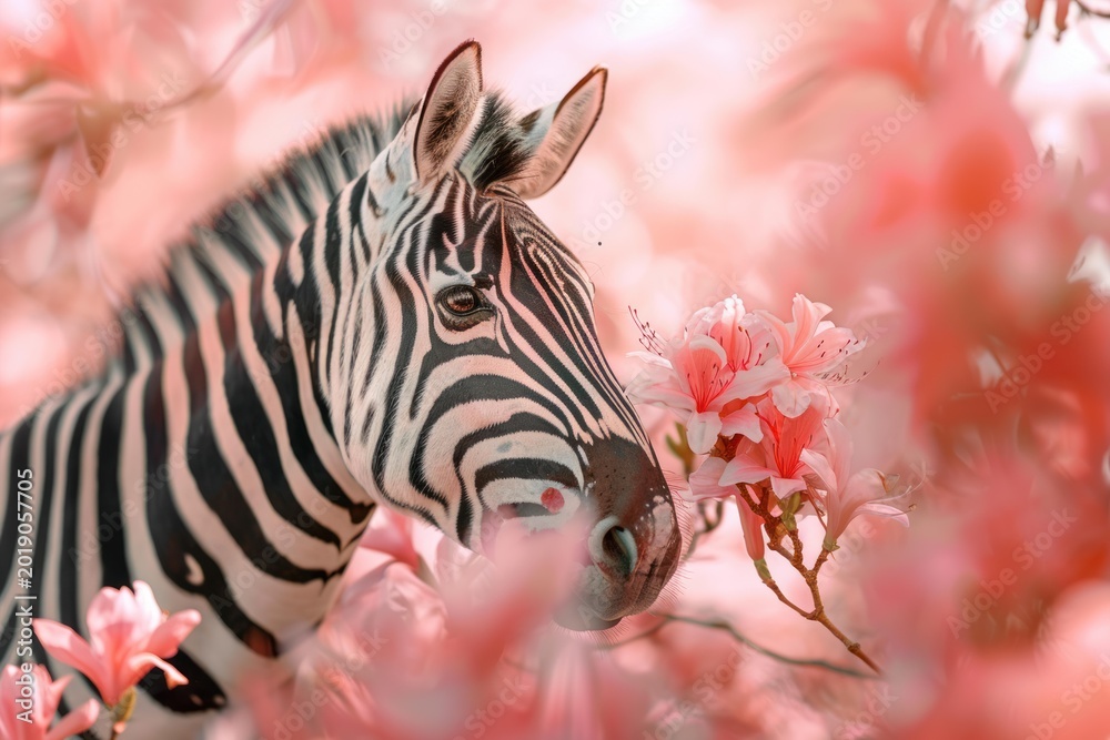 Fototapeta premium Zebra head looking to the right surrounded by vibrant pink blossoms with a soft focus background