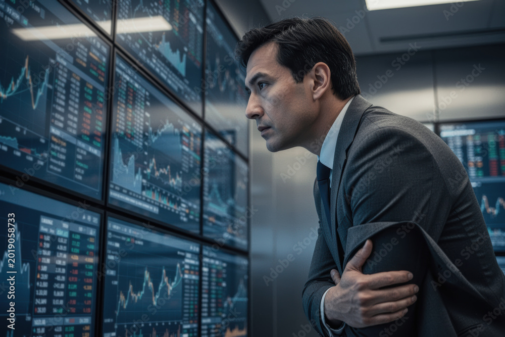 Fototapeta premium Investor analyzing multiple trading screens in a modern trading control room