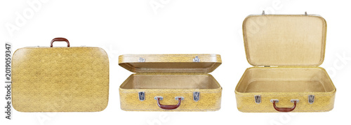 Obraz na plátně Vintage suitcase set featuring three views: closed, partially open, and fully open