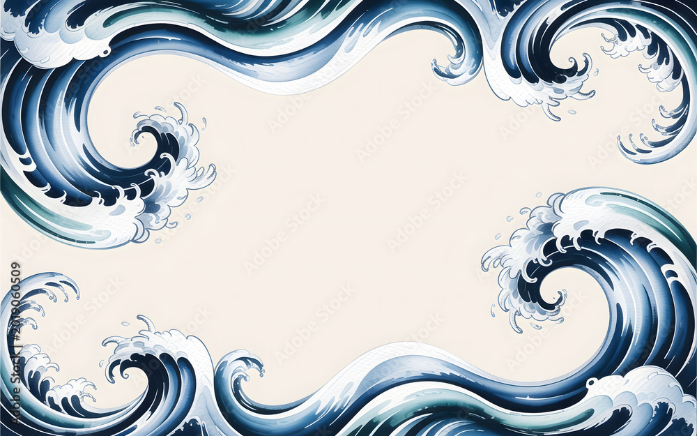 Fototapeta premium Japanese Ocean Wave Frame Background with Vintage Style