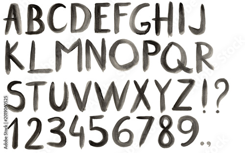 Black watercolor letters and numbers on transparent or white background.
