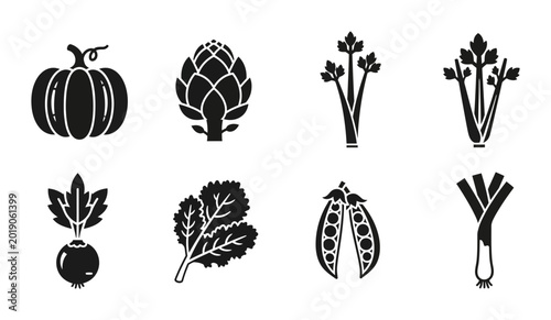 Bild auf Leinwand Vector Vegetable Icons Set: Pumpkin, Artichoke, Celery, Radish, Greens, Peas, Le