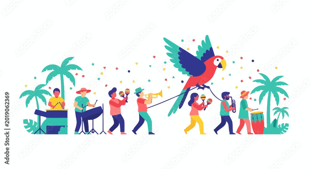 Fototapeta premium Caribbean Carnival Parade with Music, Parrot Float, and Palm Trees