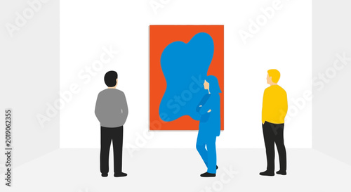 Foto Art gallery visitors observe abstract painting on wall
