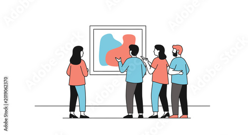 Art gallery visitors observing abstract painting on white wall, modern exhibition