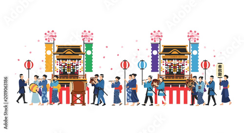 Schilderij op canvas Japanese Traditional Festival Parade with Mikoshi and Dancers