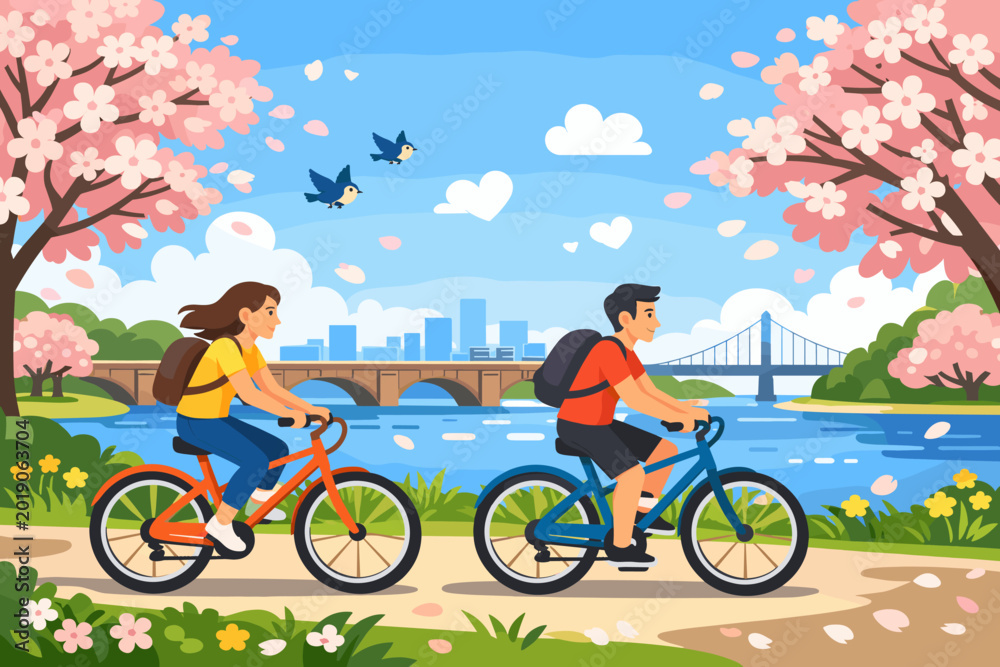 Fototapeta premium Bicycling along a river in a city park during spring with cherry blossom trees and a view of a bridge