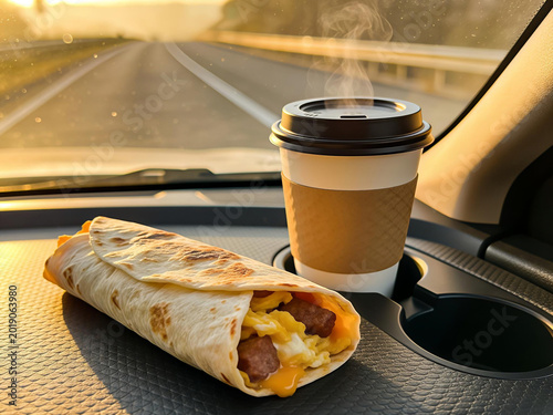 Breakfast burrito and coffee on car dashboard during morning drive