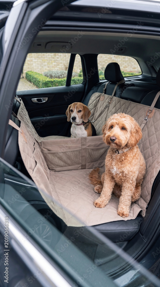 Fototapeta premium Beagle and Goldendoodle dog sitting in car on protective backseat hammock. Pet travel cover for automobile interior protection. Safe transport gear for canine passenger adventure trip.