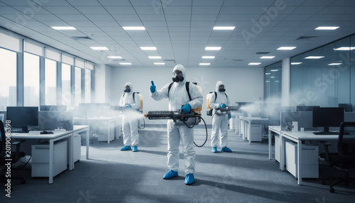Team of professional specialists in white hazmat suits and respirators performing deep fogging disinfection and sanitization service in a modern office interior to prevent virus spreading