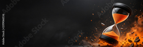 Dramatic hourglass with orange sand on dark background and copy space for urgency concept