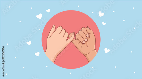 Illustration of two hands clasped together in a pink circle on a light blue background with white hearts for Best
