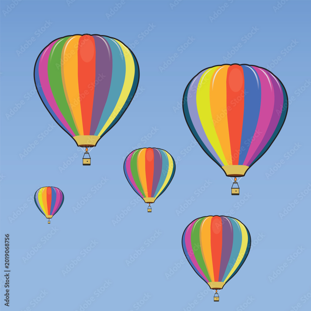 Fototapeta premium Flat cartoon illustration of hot air balloon in blue sky