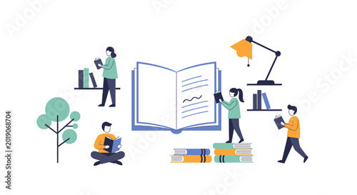 Obraz na płótnie People reading books, learning, studying, and exploring knowledge in a library or study area