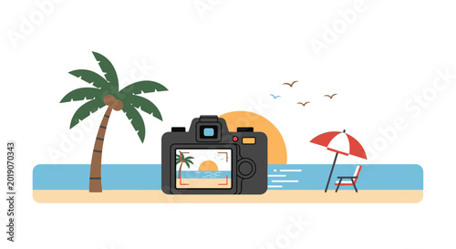 Schilderij op canvas Digital Camera Capturing Tropical Beach Sunset with Palm Tree and Umbrella