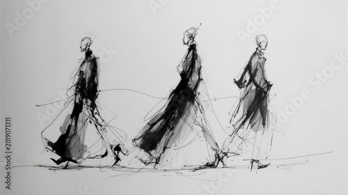 haute couture fashion sketch, expressive minimal ink lines, flowing garments, white background, Paris fashion house aesthetic