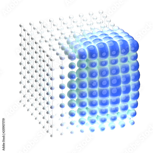 Bild auf Leinwand An abstract cube composed of a network of small atoms, the bonds between them, and large molecules on a transparent background