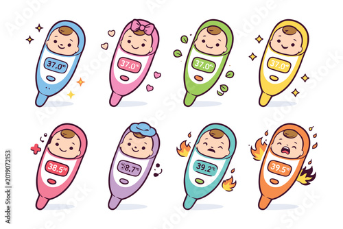 Obraz na plátne Set of cute cartoon baby characters inside colorful digital thermometers showing