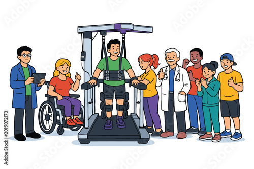 Young man using robotic physical therapy machine for walking rehabilitation with doctors and supporters