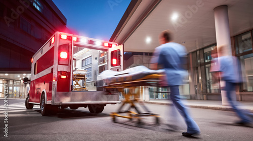 Emergency medical team transporting patient to hospital at night